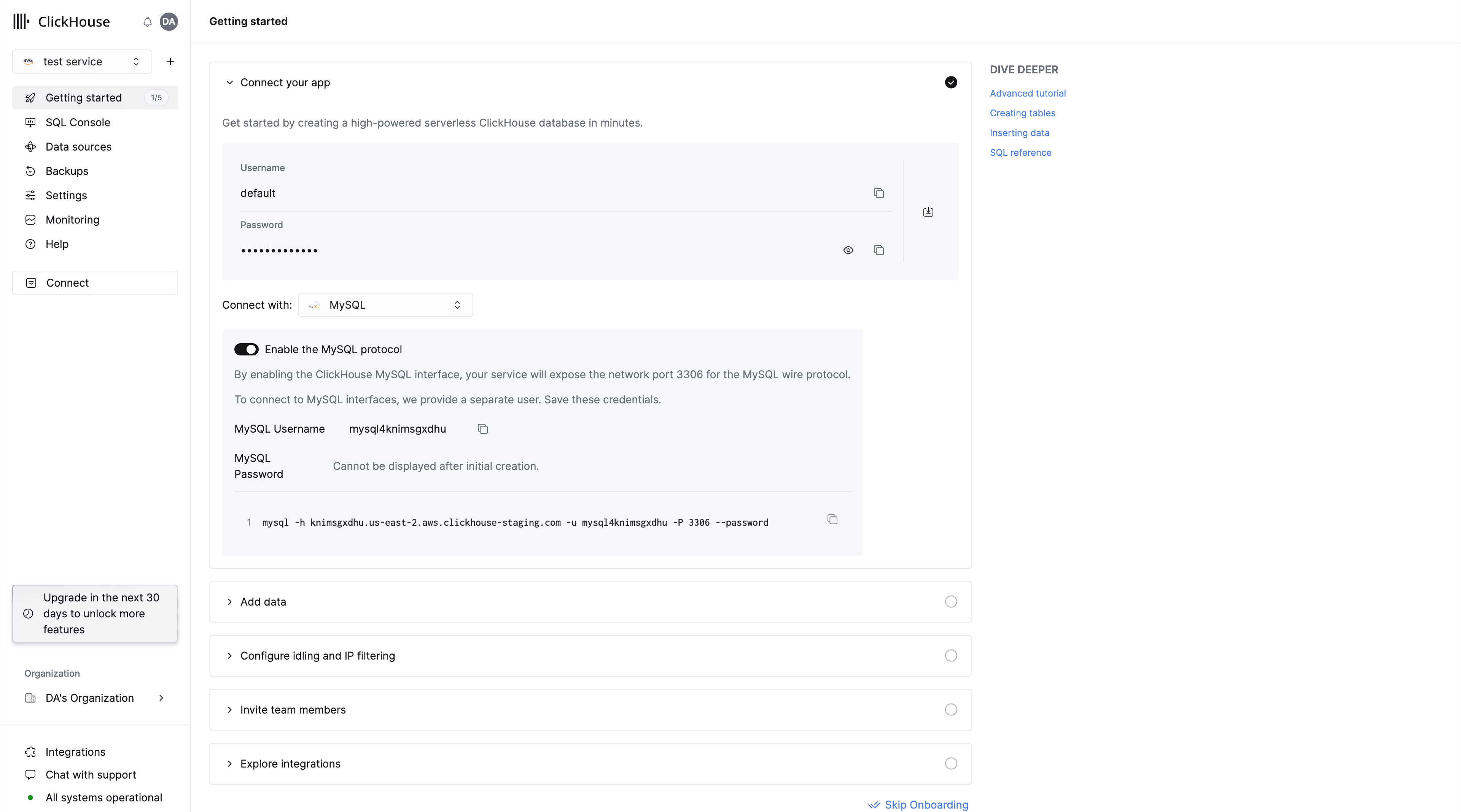 Interrupteur d’activation de l’interface MySQL ClickHouse Cloud et détails de connexion
