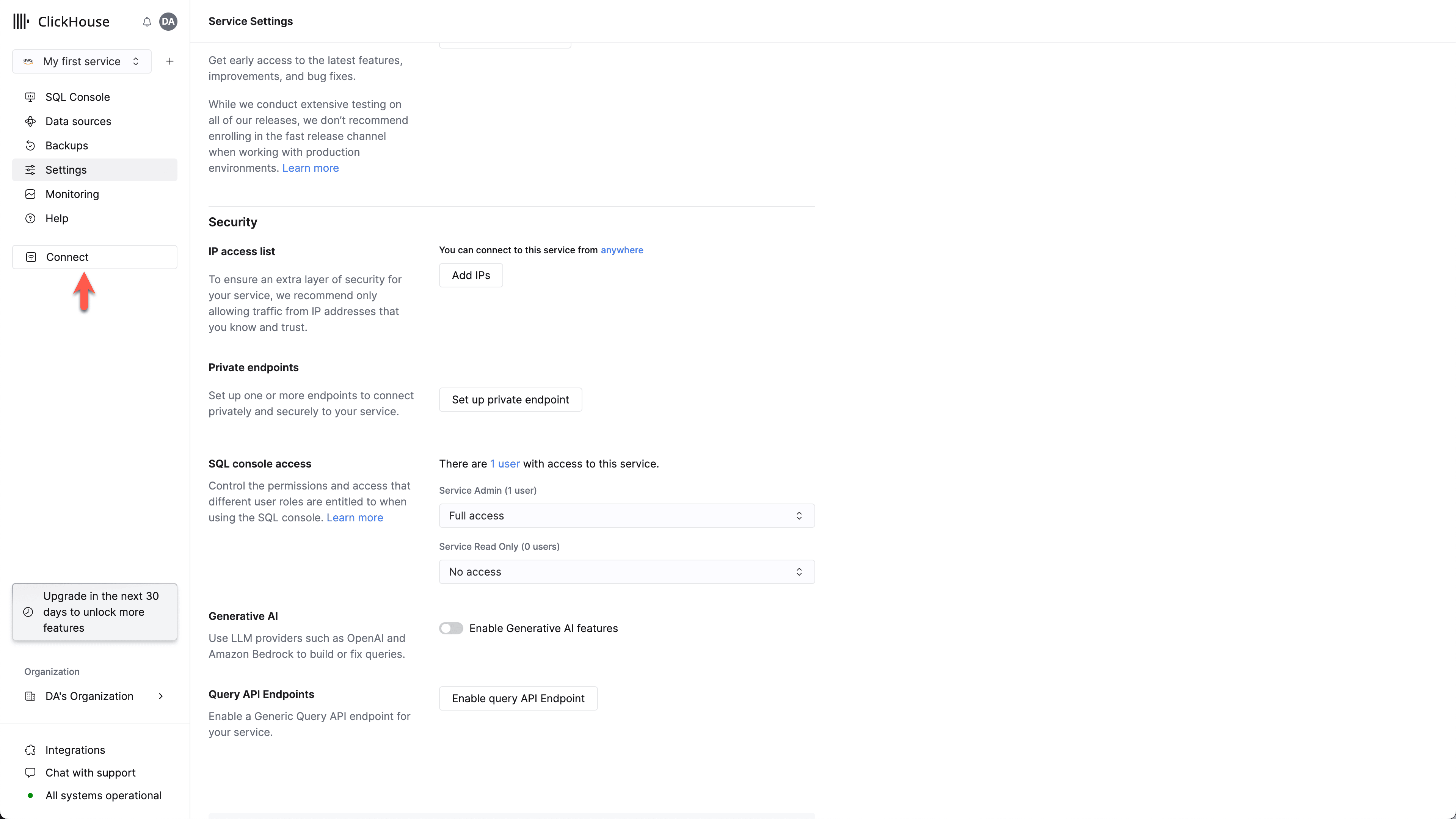 Écran de connexion du service ClickHouse Cloud avec l’option Connect mise en évidence