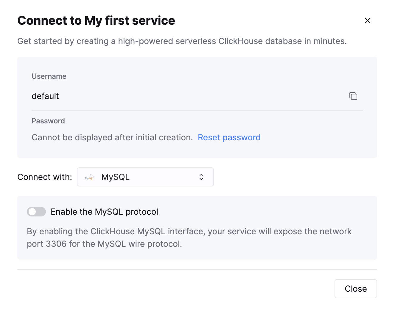 Écran de connexion ClickHouse Cloud affichant la sélection de l’option MySQL