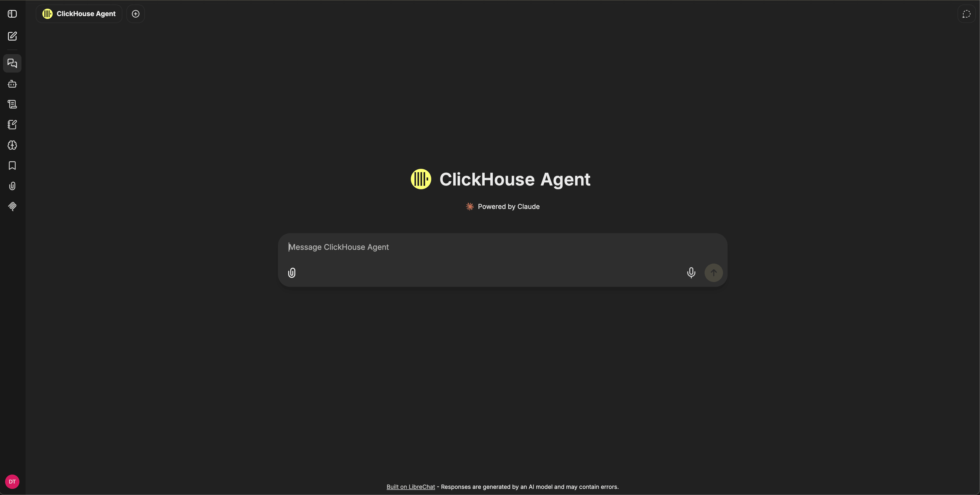 왼쪽 탐색, 에이전트 아이덴티티 헤더, 메시지 컴포저를 보여주는 ClickHouse Agent 채팅 화면