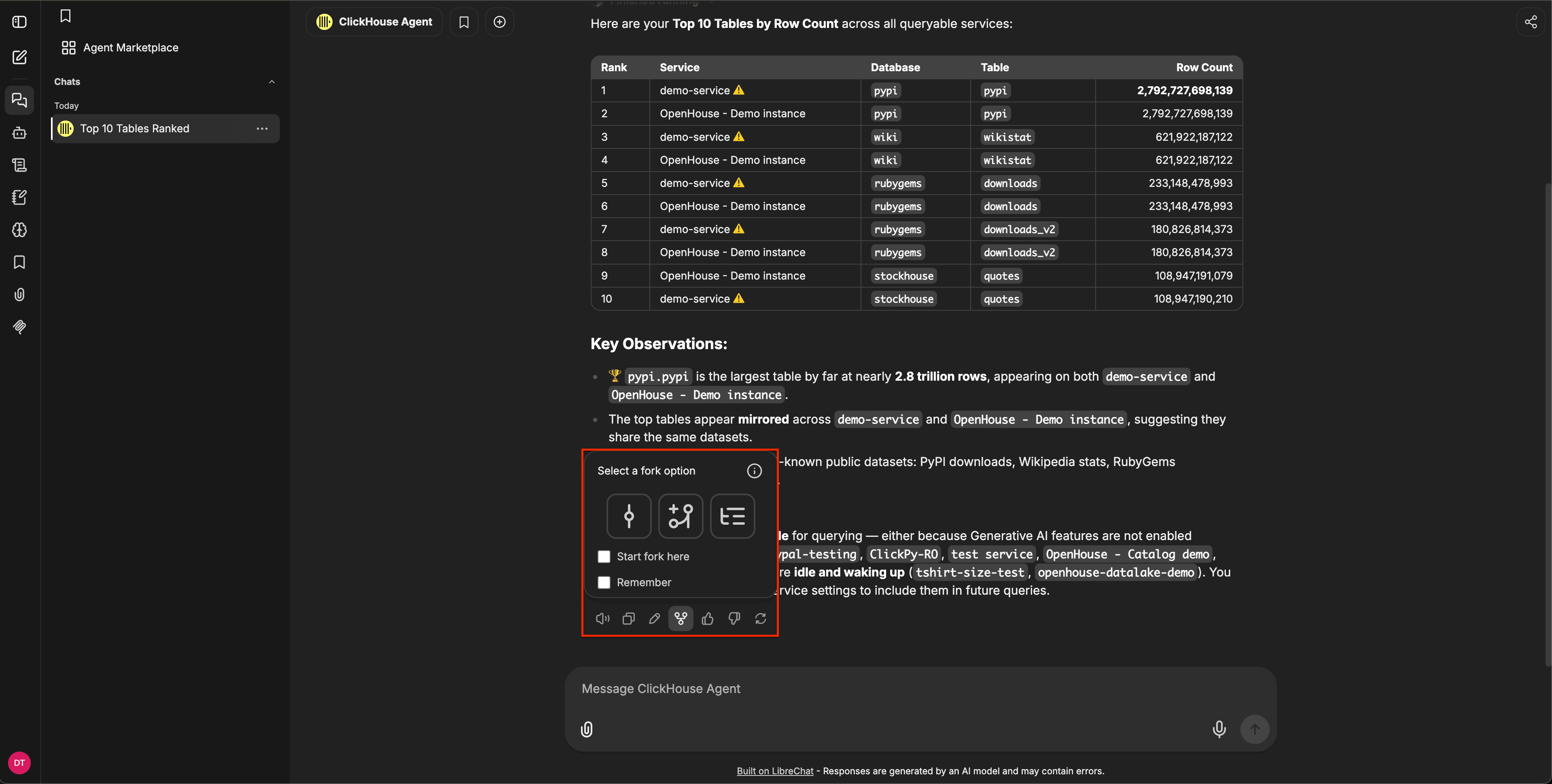 3가지 포크 모드 아이콘, Start fork here 및 Remember 체크박스, 그리고 아래의 메시지 작업 도구 모음을 보여 주는 포크 옵션 선택 대화상자
