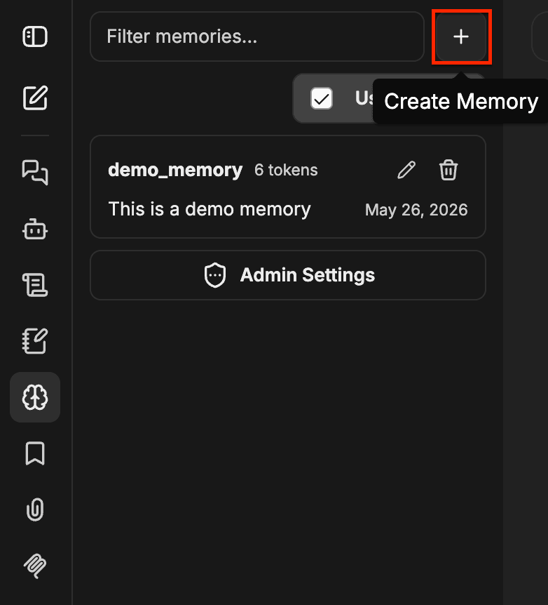 高亮显示 Create Memory + 按钮的 Memory 面板