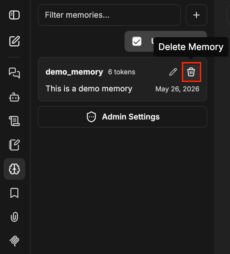 高亮显示“删除 Memory”垃圾桶图标的 Memory 条目
