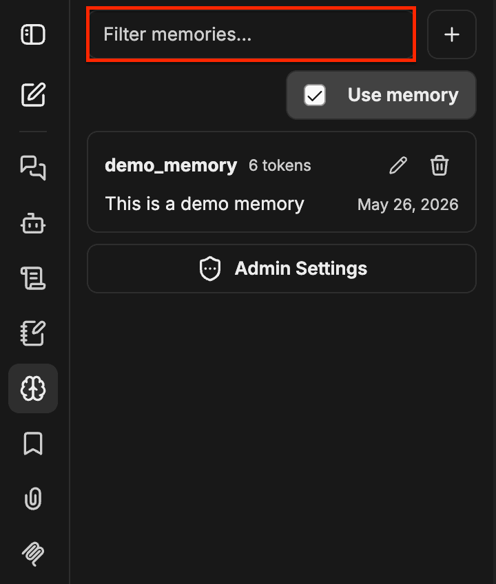 Memory面板,已高亮显示“筛选Memory”输入框,并输入了“demo”