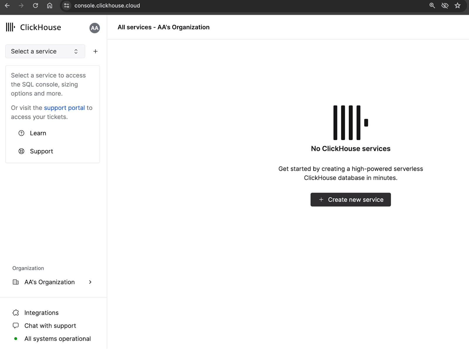 Página de nuevos servicios de ClickHouse Cloud