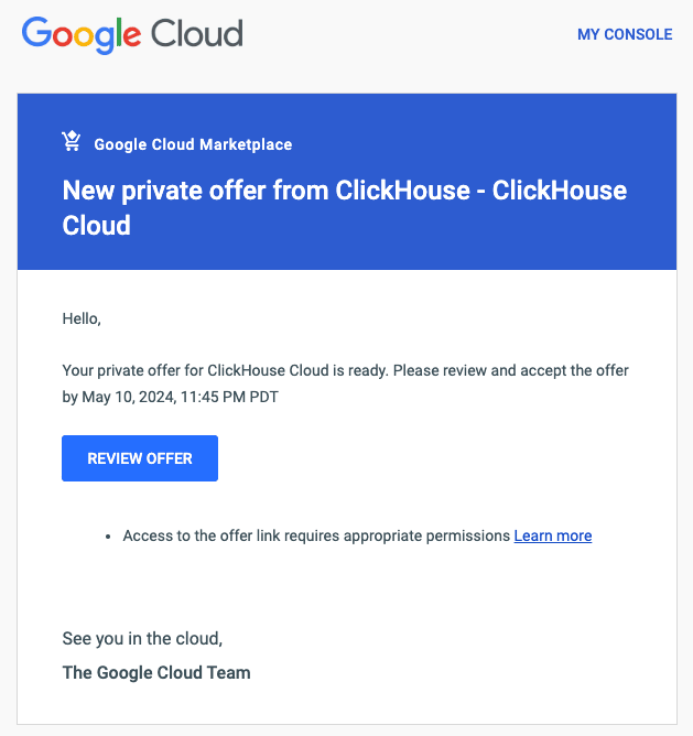 Correo electrónico de oferta privada de GCP Marketplace