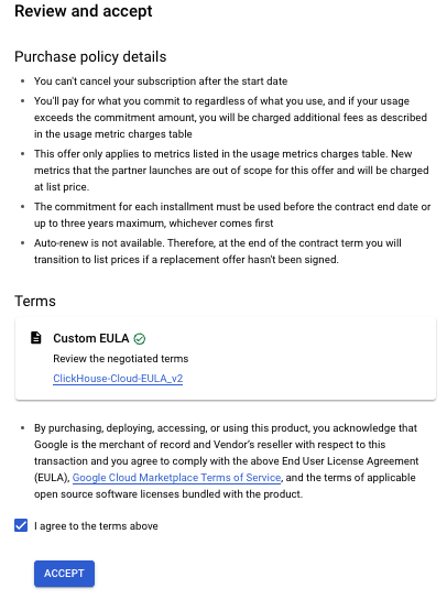 Página de aceptación de GCP Marketplace