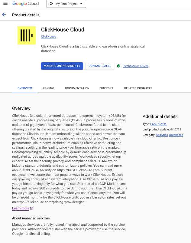 Página de ClickHouse Cloud en GCP Marketplace