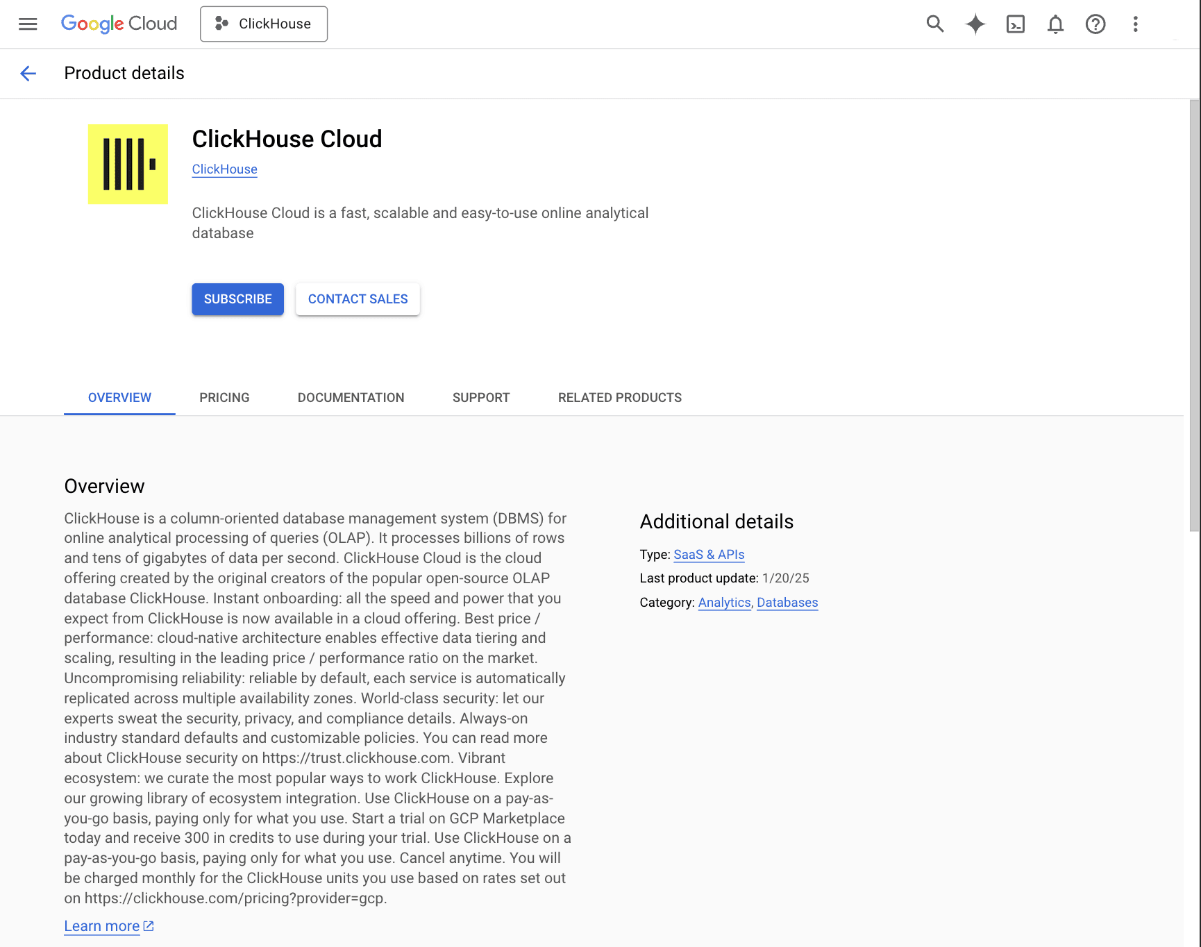ClickHouse Cloud en GCP Marketplace