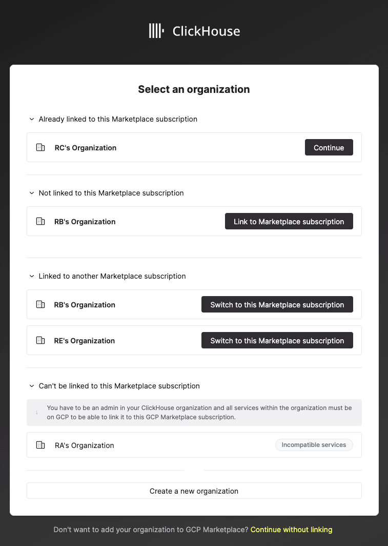 Inscrição no marketplace e vinculação da organização