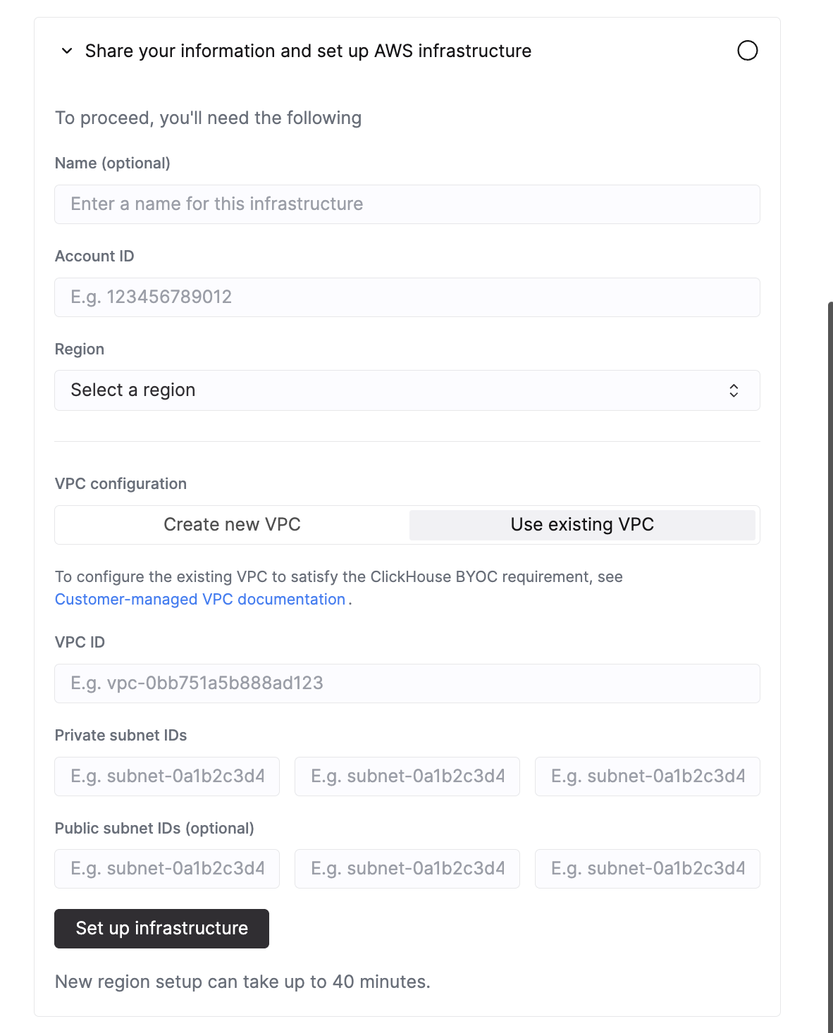واجهة إعداد BYOC في ClickHouse Cloud مع تحديد استخدام شبكة VPC الحالية