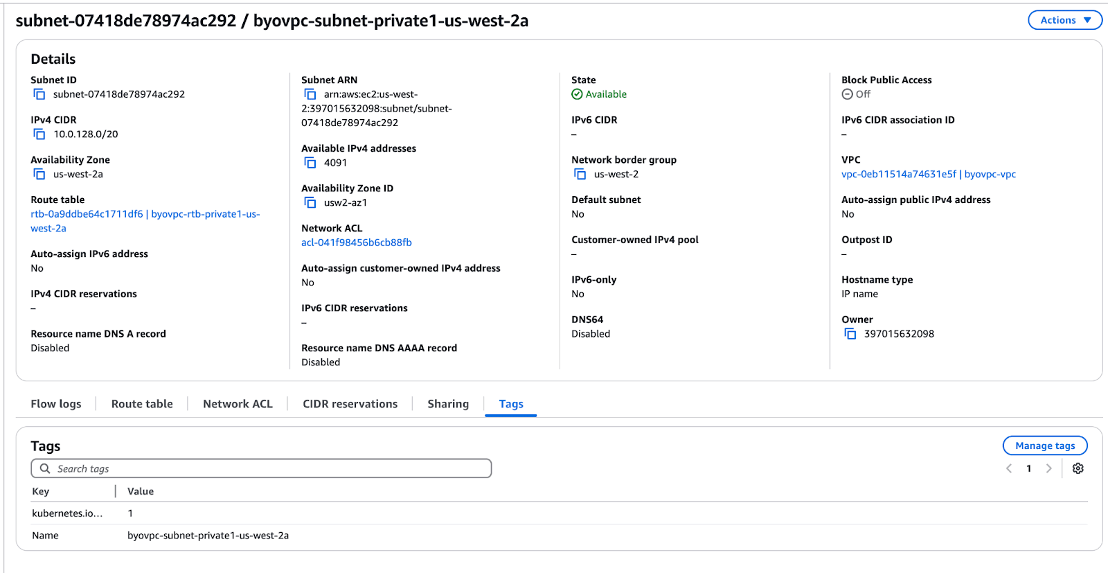 الشبكة الفرعية لـ VPC في BYOC