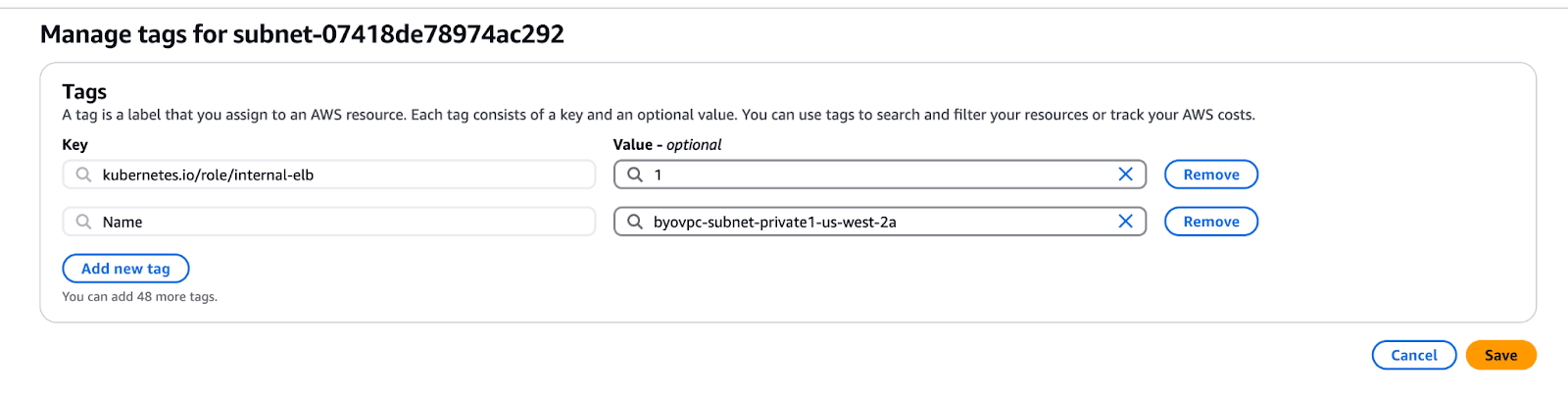 وسوم الشبكة الفرعية لـ VPC في BYOC