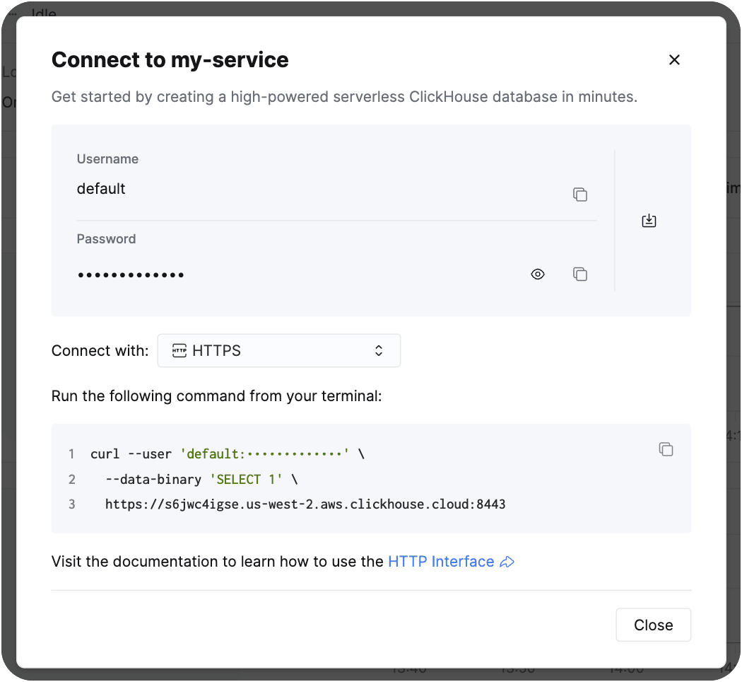 Botón Connect en la consola de ClickHouse Cloud (modo claro)