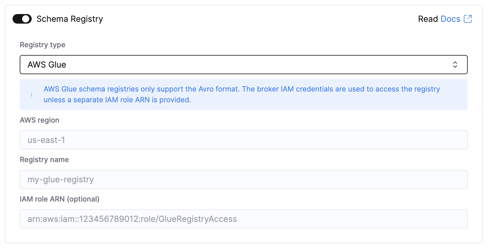 Painel de registro de esquemas com AWS Glue selecionado