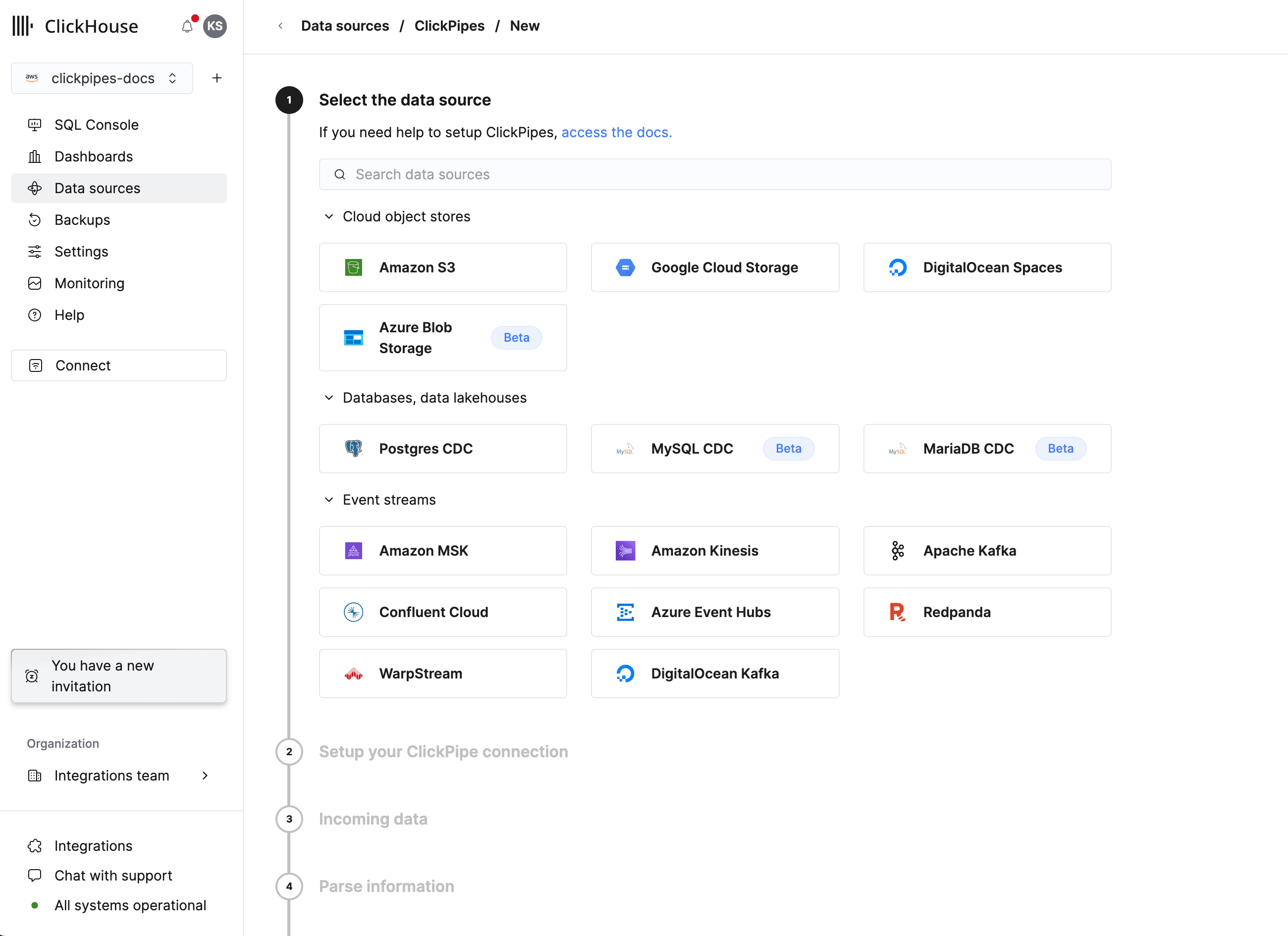 Select data source type