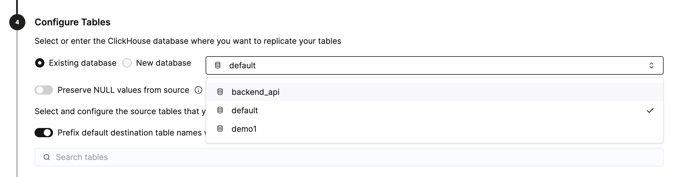 Select destination database