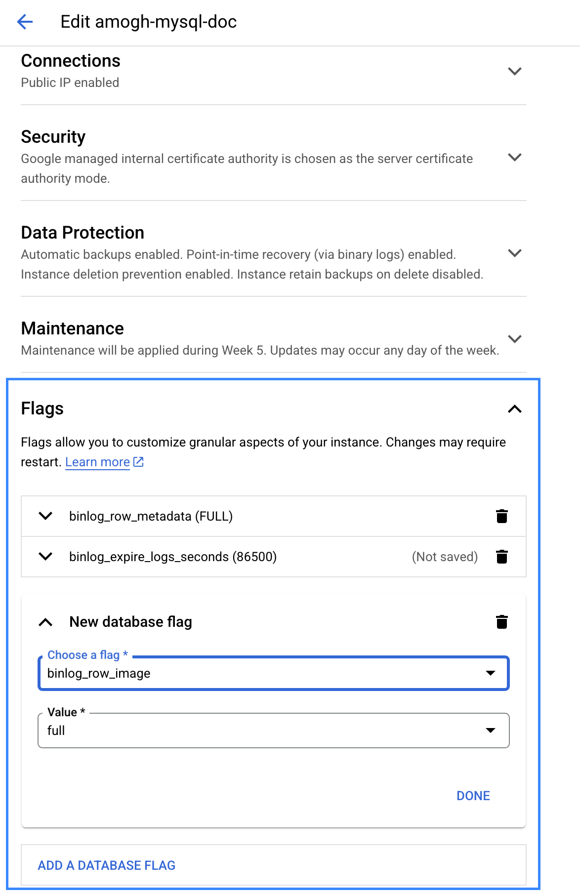 Setting binlog flags in GCP