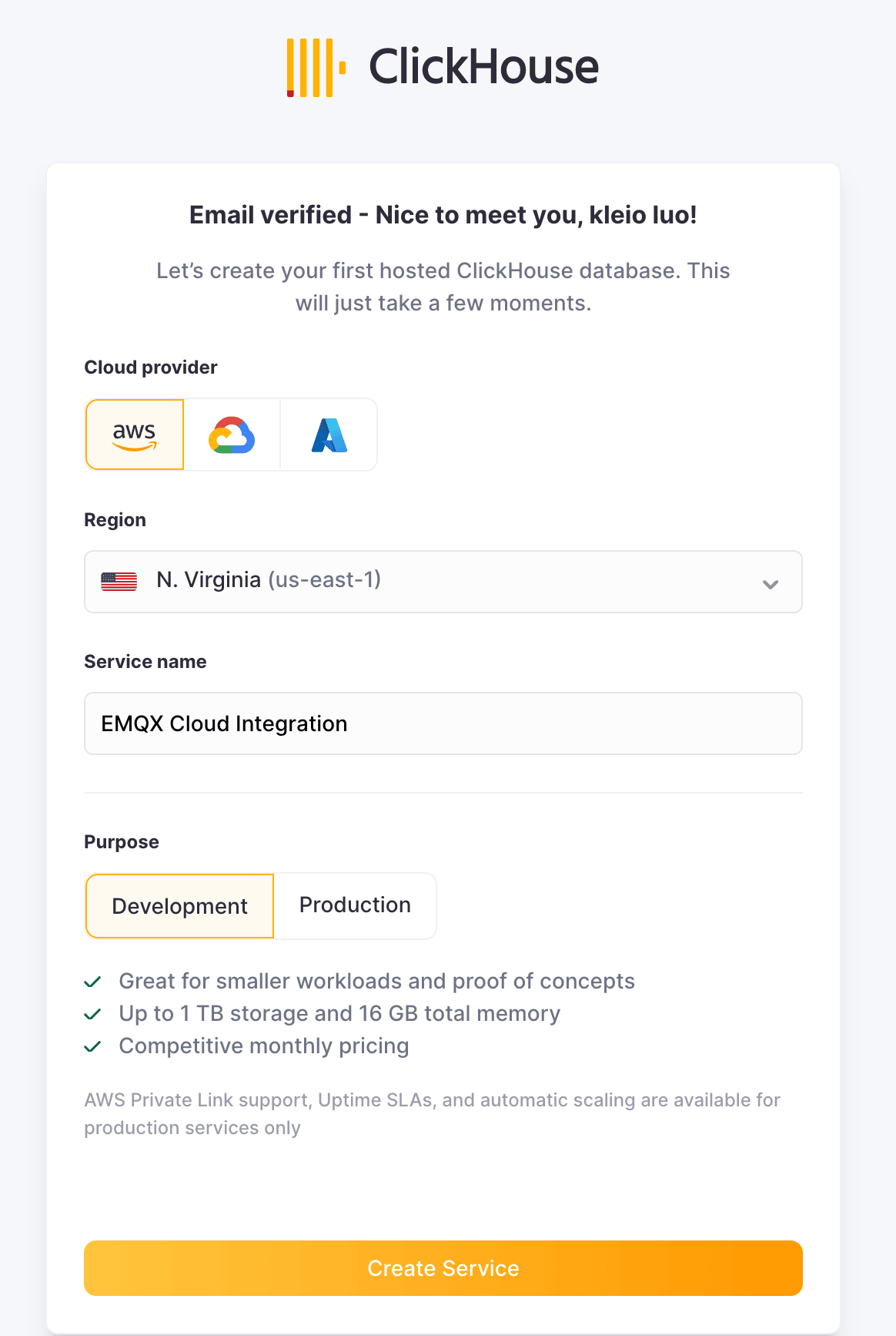 Interface de déploiement du service ClickHouse Cloud affichant la sélection de la région AWS