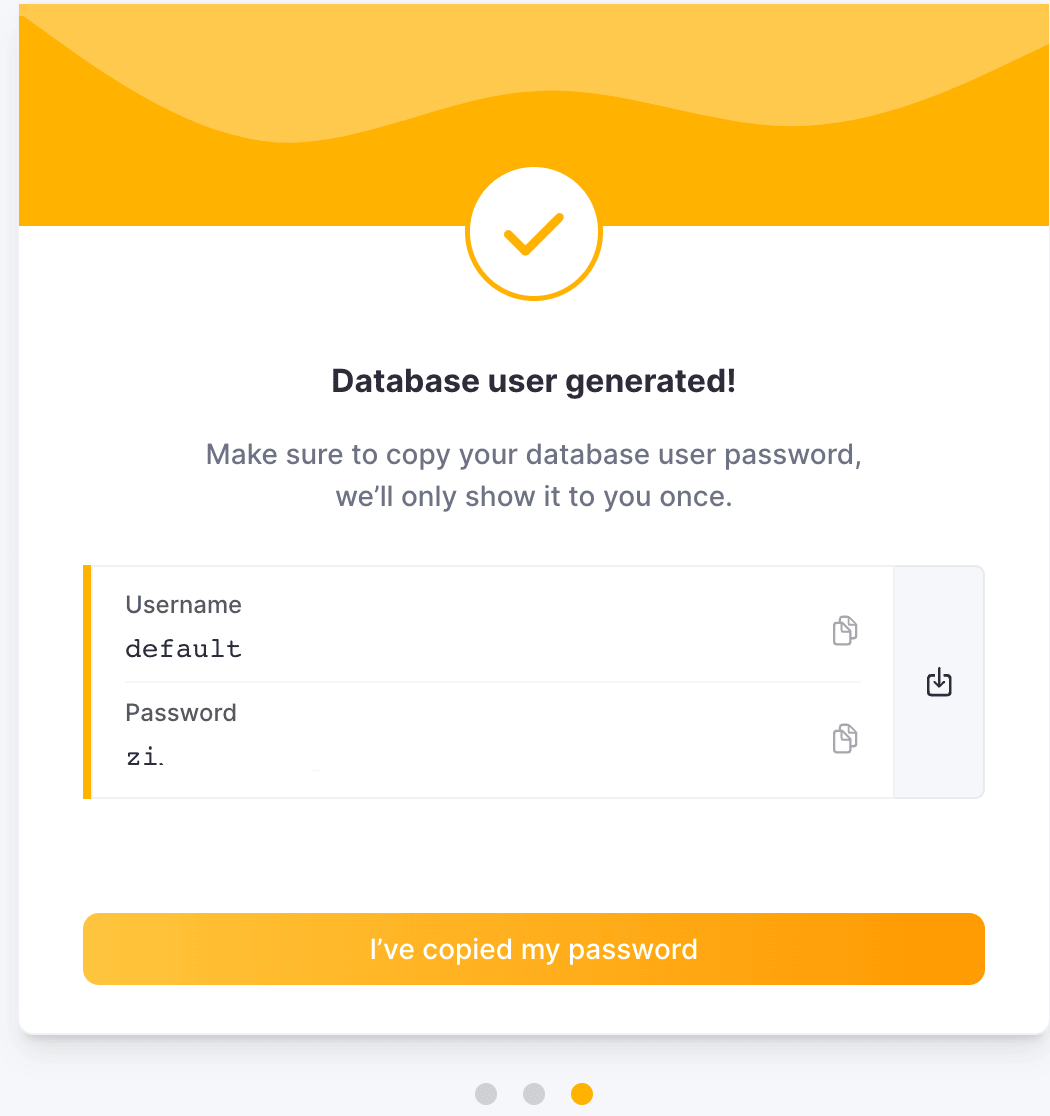 Écran des identifiants ClickHouse Cloud affichant le nom d’utilisateur et le mot de passe