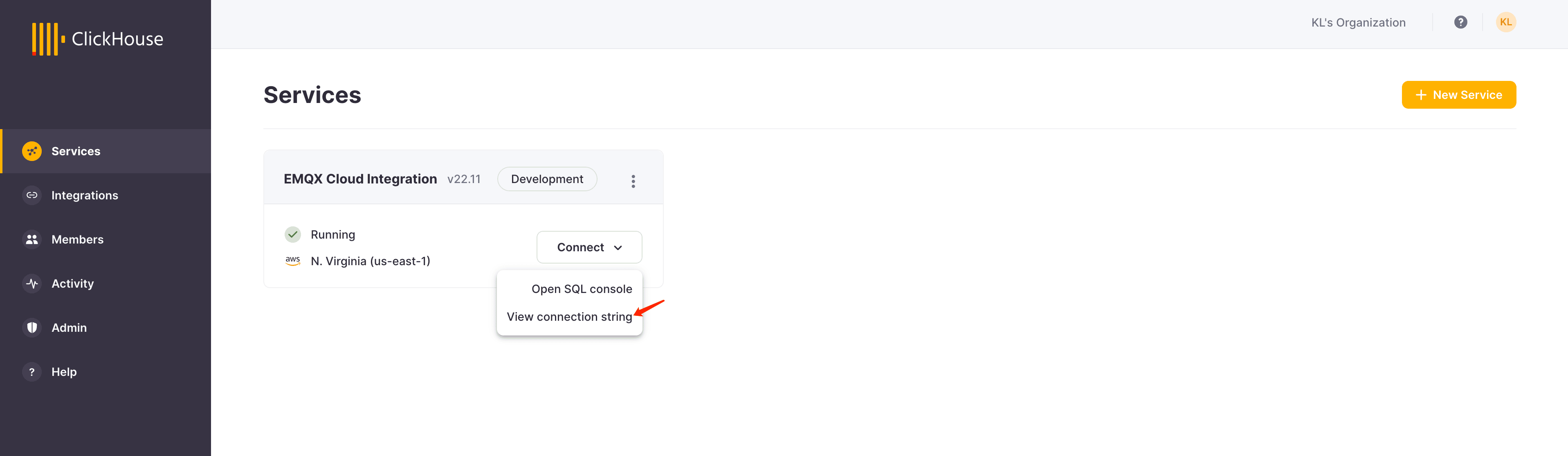 Tableau de bord de l’instance ClickHouse Cloud en cours d’exécution avec les options de connexion