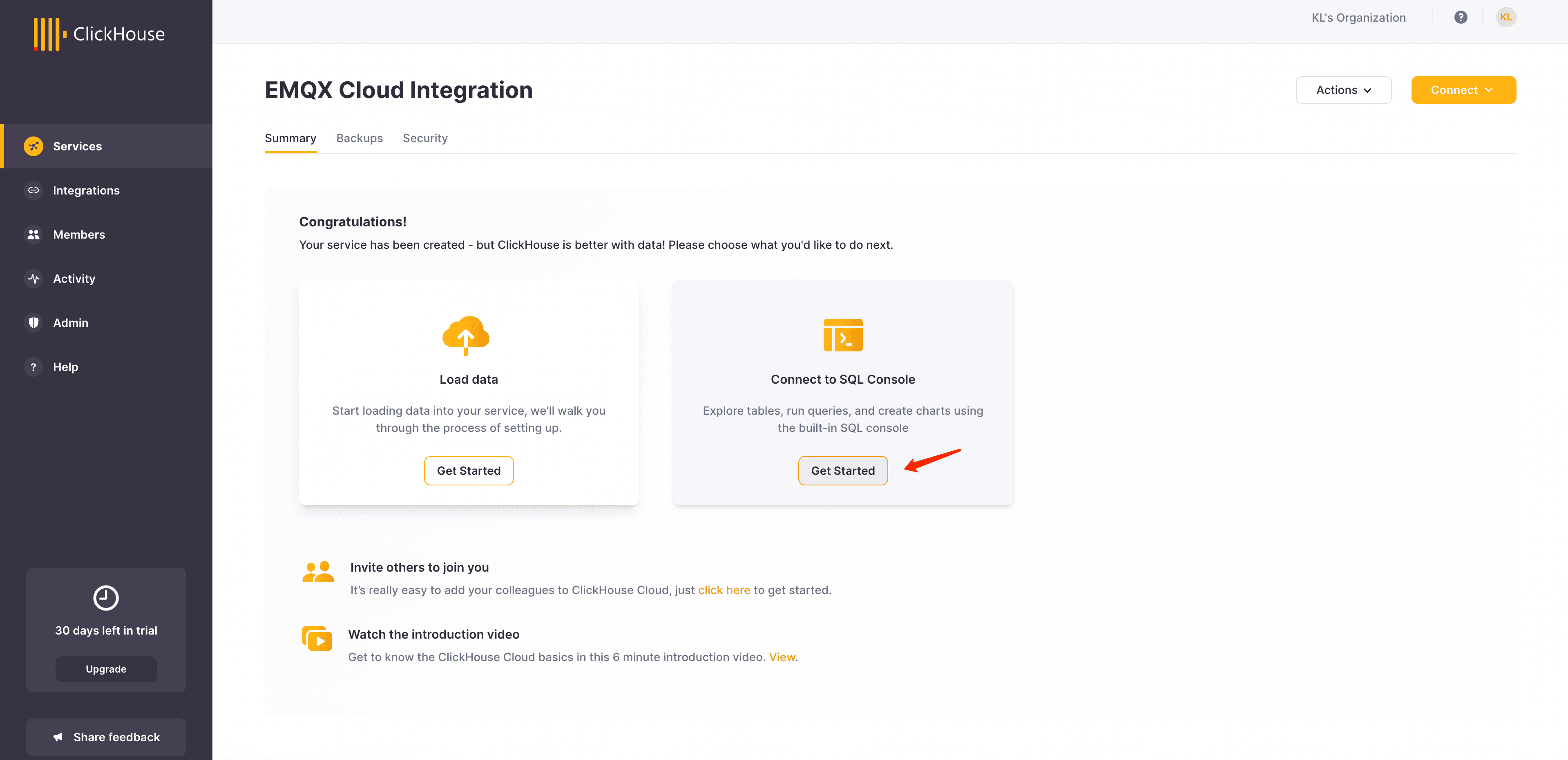 Interface SQL Console de ClickHouse Cloud