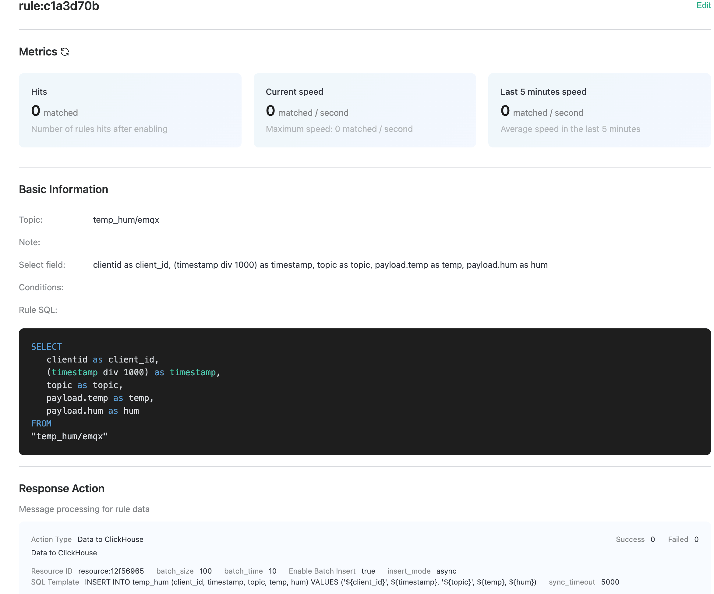 Détails de la règle Data Integration d’EMQX Cloud affichant un résumé de la configuration