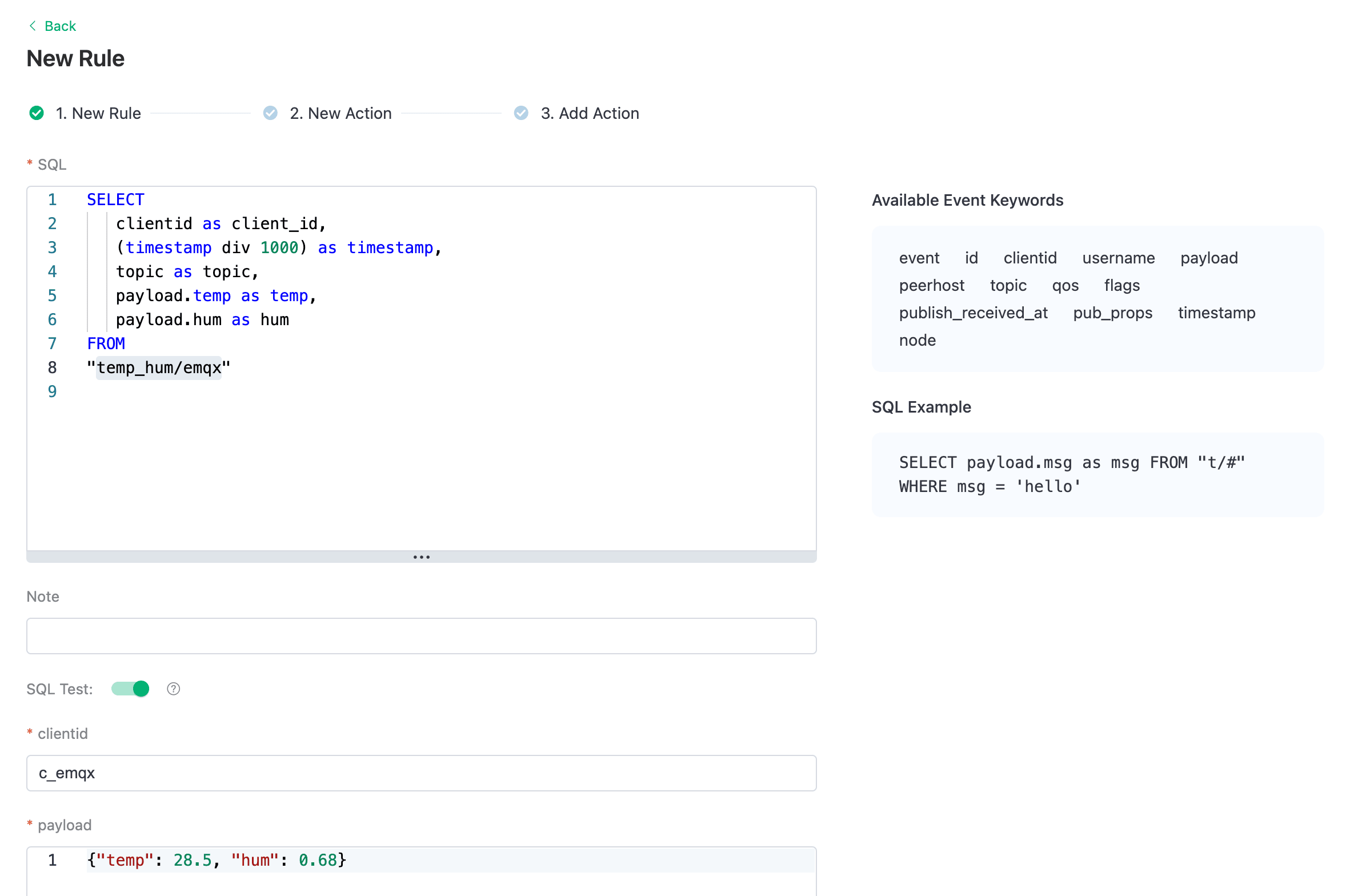 Étape 1 de la création d'une règle Data Integration dans EMQX Cloud montrant la requête SQL