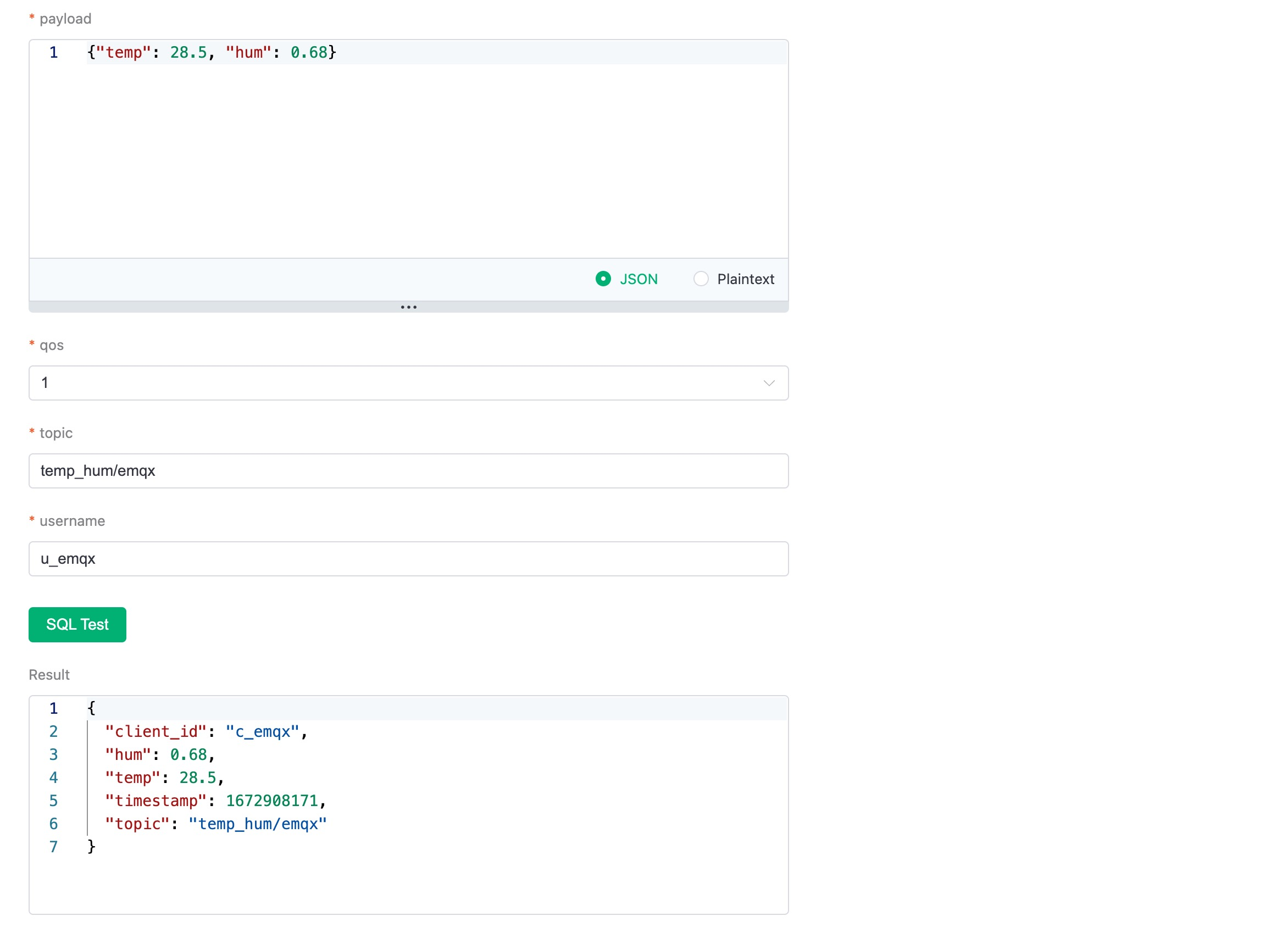 Étape 2 de la création d'une règle Data Integration dans EMQX Cloud montrant les résultats du test