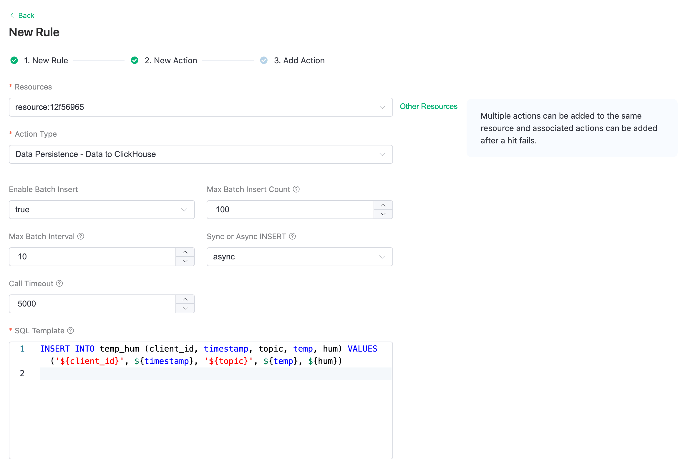 Configuration de l’action de règle Data Integration d’EMQX Cloud avec modèle SQL