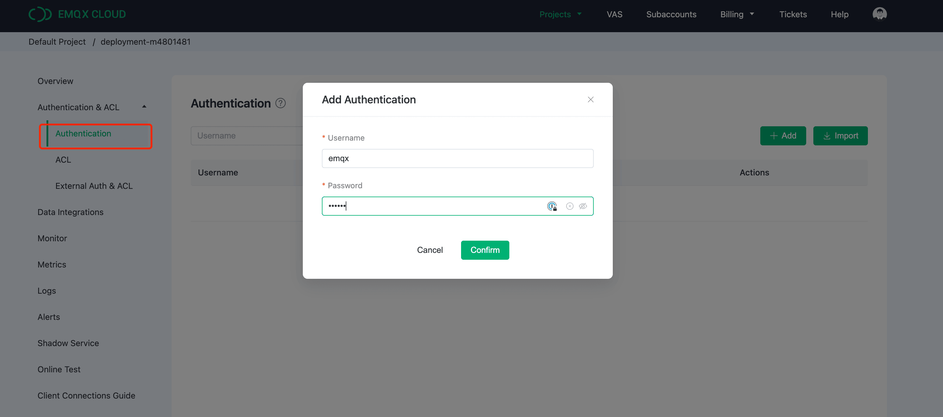 Interface de configuration de l’authentification EMQX Cloud pour ajouter des identifiants