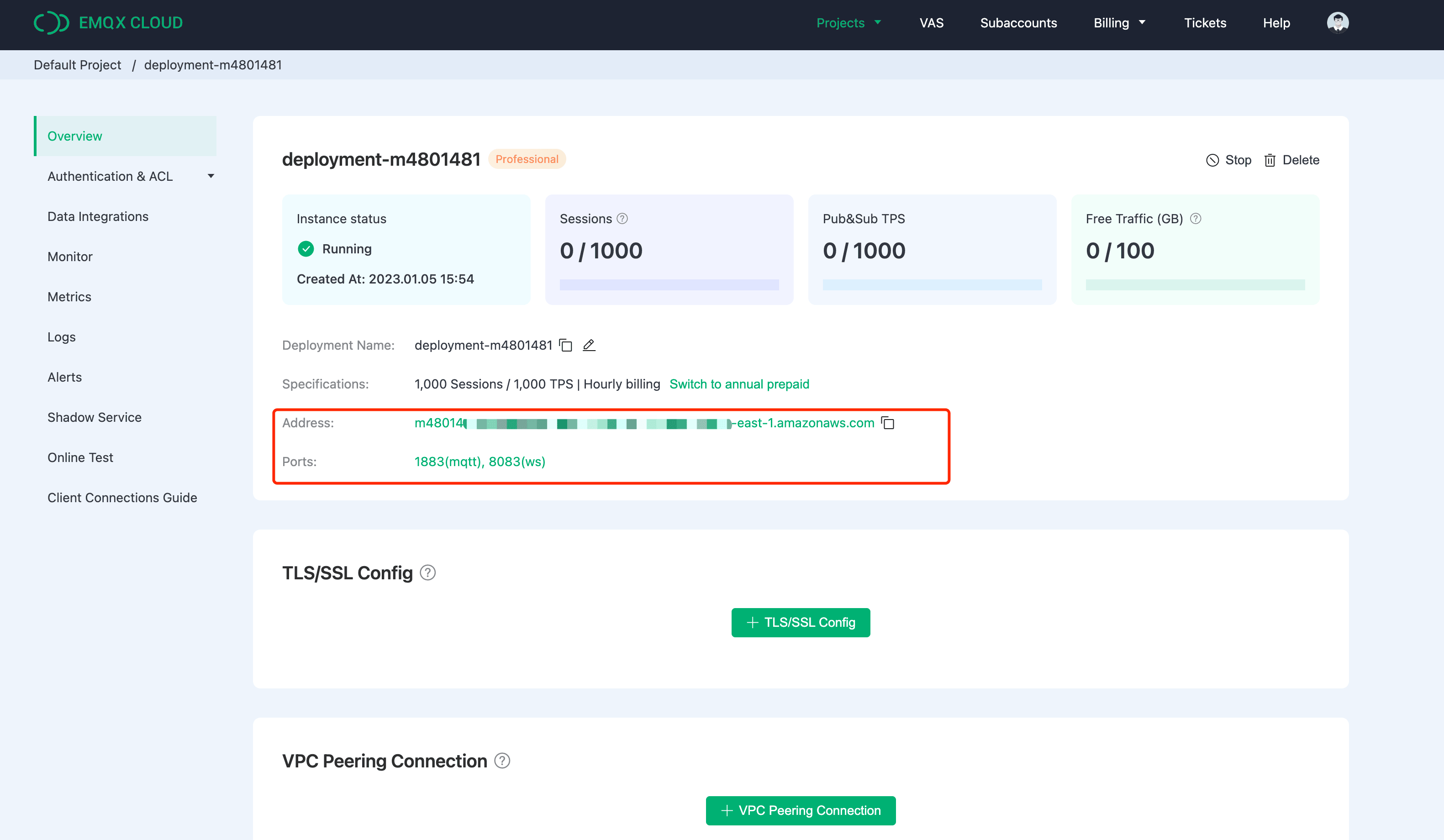 Tableau de bord de vue d’ensemble EMQX Cloud montrant les métriques du broker