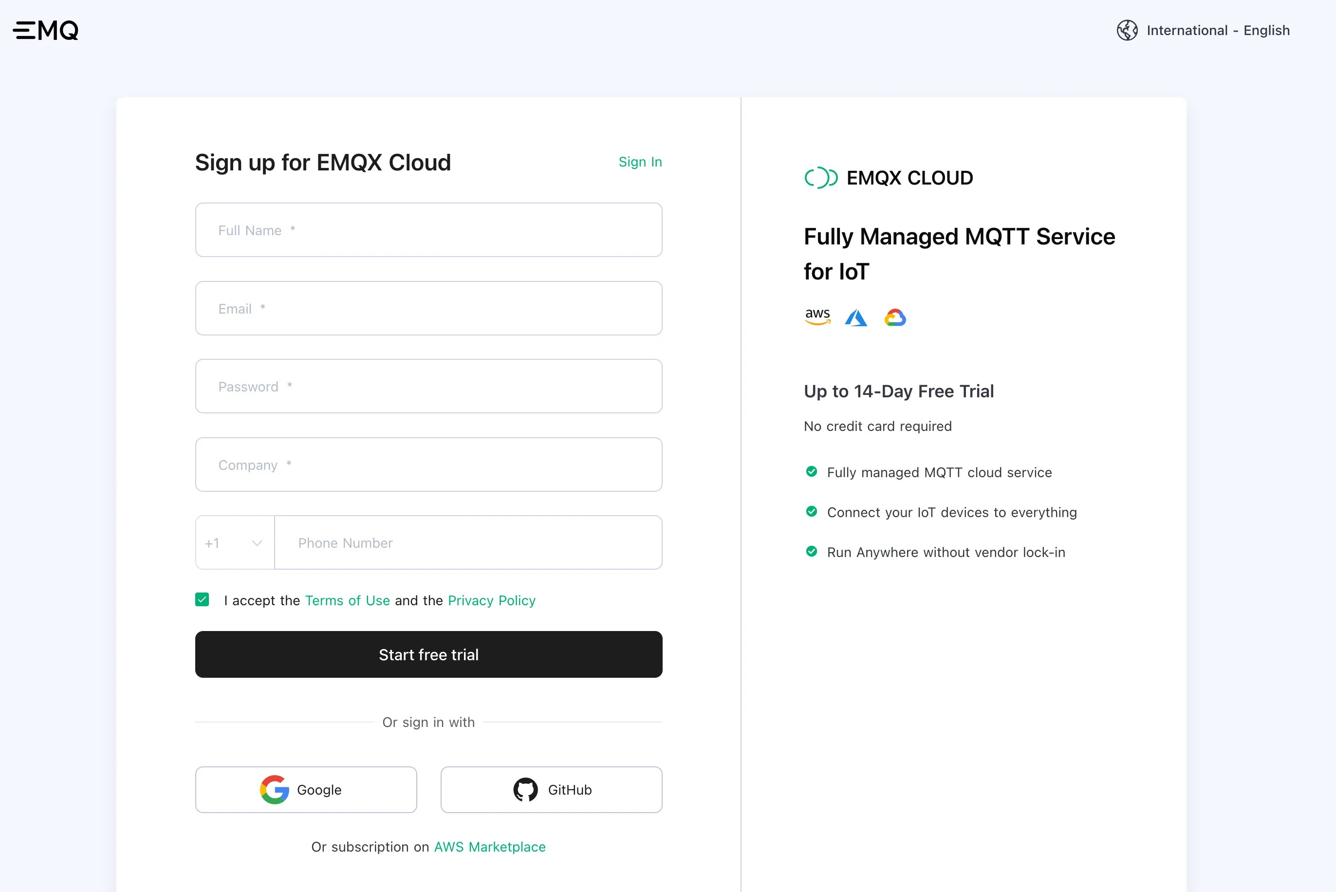 Page d'inscription à EMQX Cloud avec formulaire d'inscription