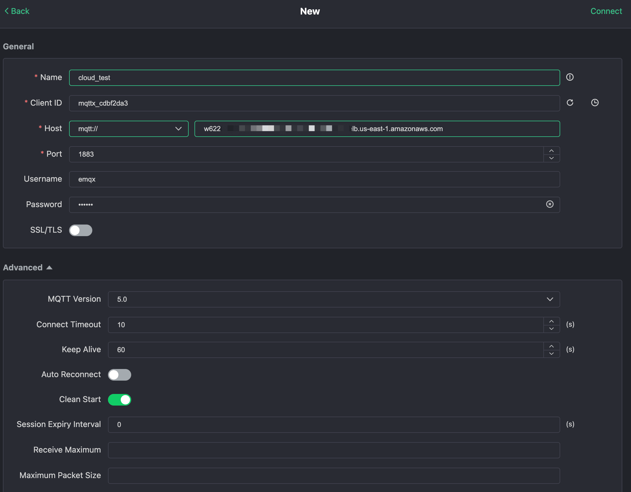 Formulaire de configuration d’une nouvelle connexion MQTTX avec les détails de connexion