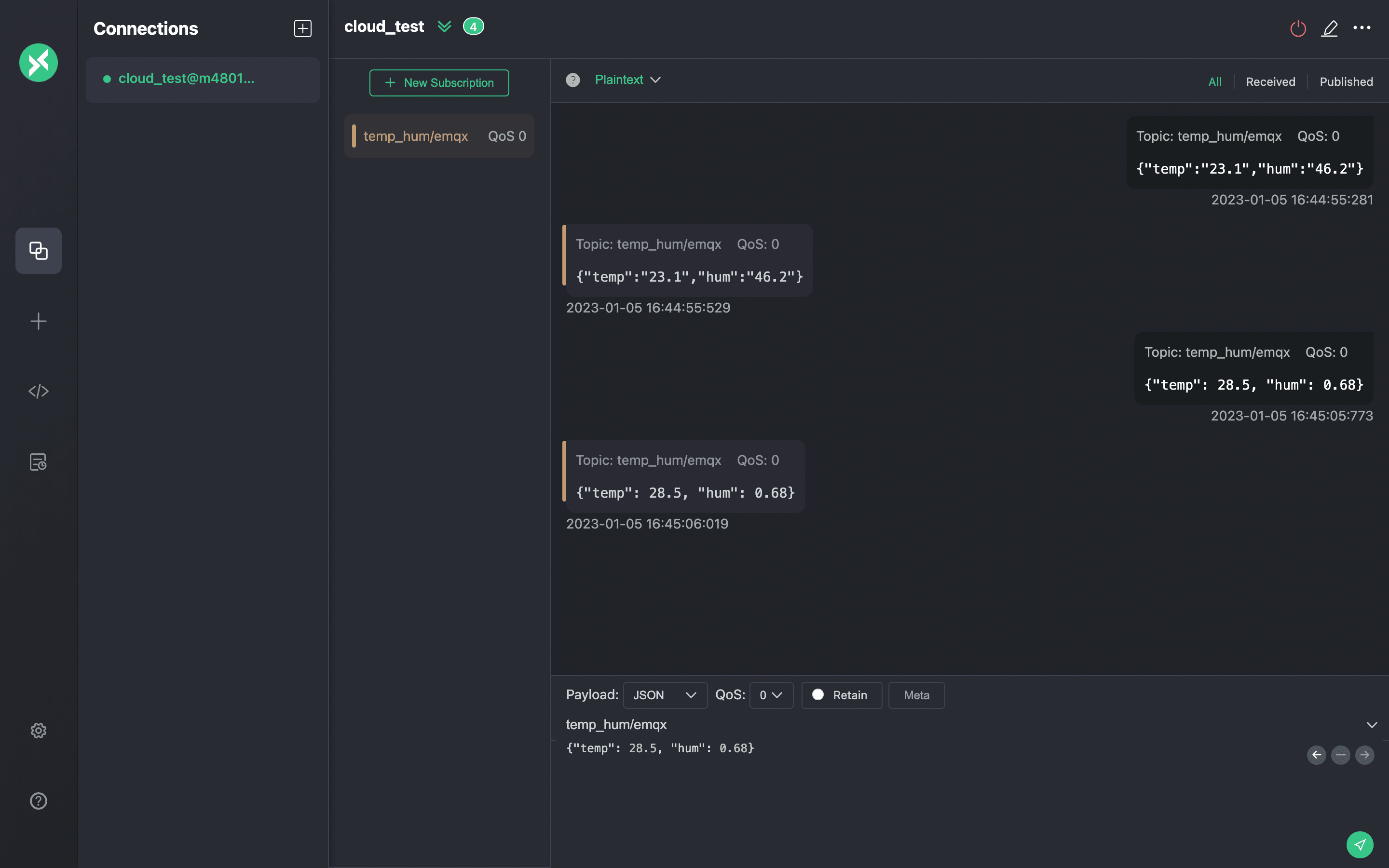 Interface de publication MQTTX affichant la composition des messages MQTT