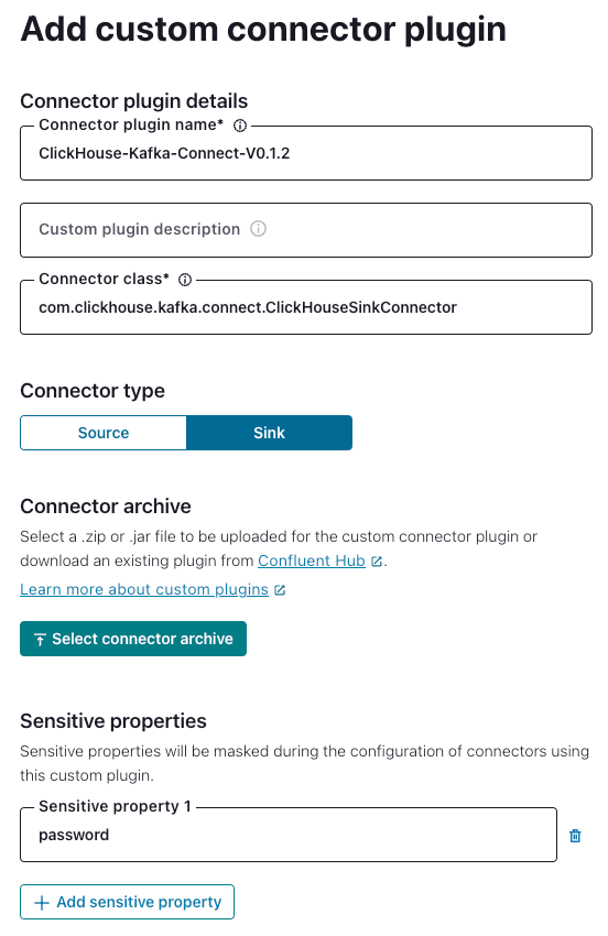 Confluent Platform UI,显示添加自定义 ClickHouse 连接器的设置