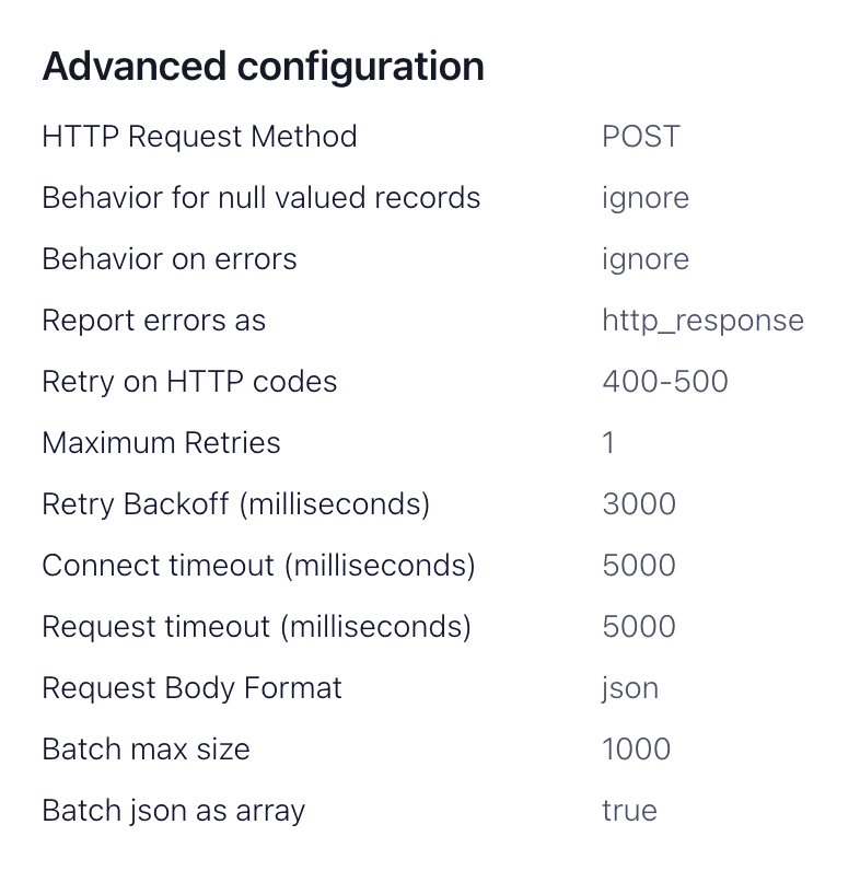 展示 HTTP Sink 连接器高级配置选项的 Confluent Cloud 界面
