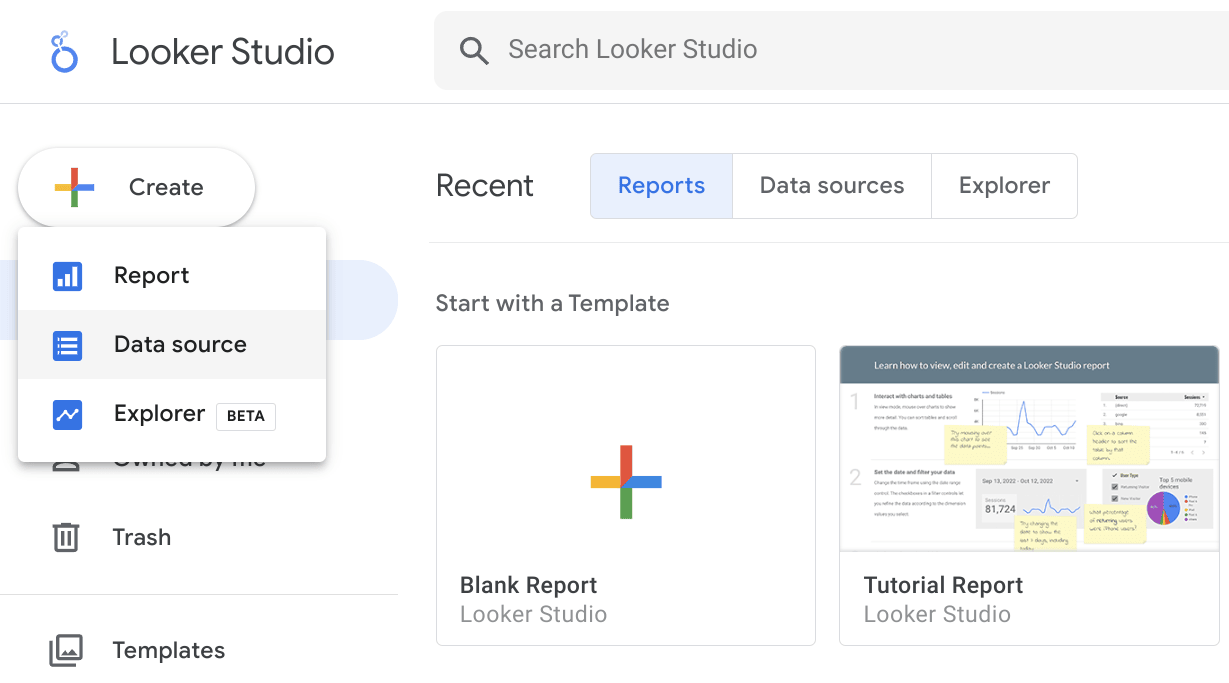 Criando uma nova fonte de dados na interface do Looker Studio