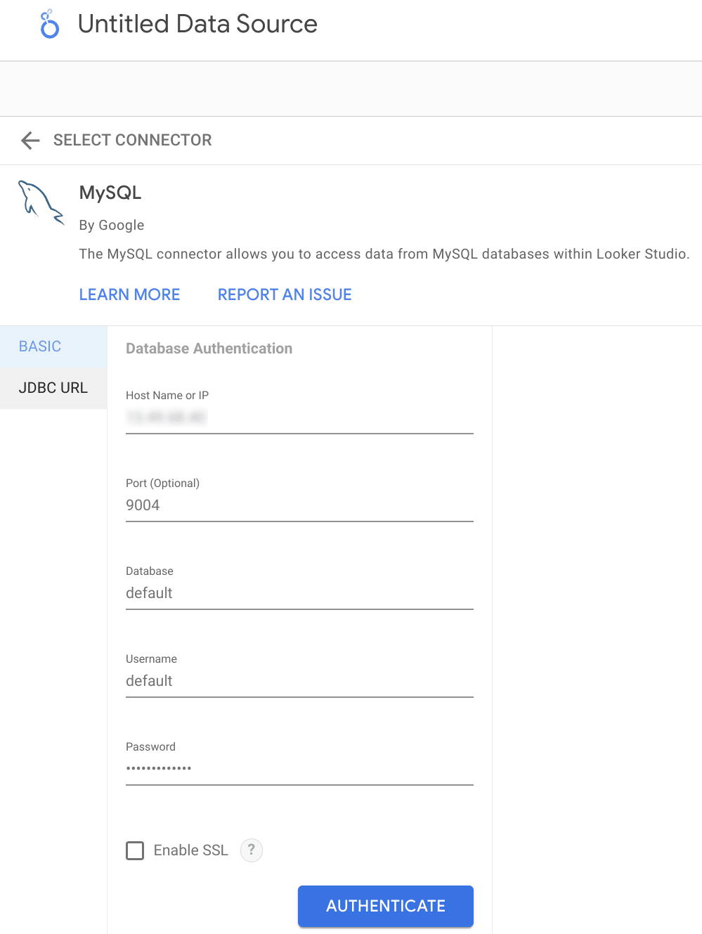 Especificando os detalhes da conexão MySQL do ClickHouse no Looker Studio
