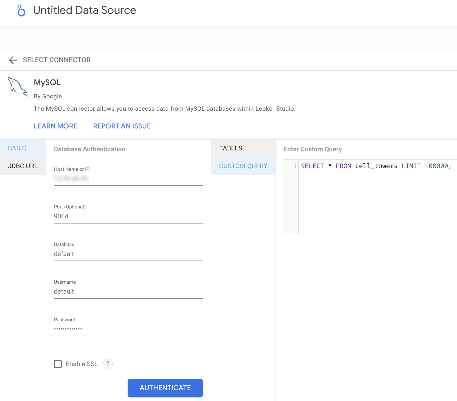 Usando uma consulta SQL personalizada para buscar dados do ClickHouse no Looker Studio