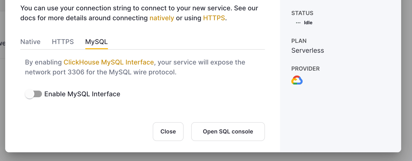 Habilitando a interface MySQL nas configurações do ClickHouse Cloud