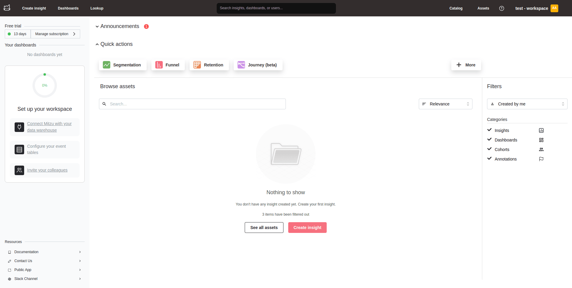Page de configuration de l’espace de travail Mitzu affichant les étapes d’onboarding