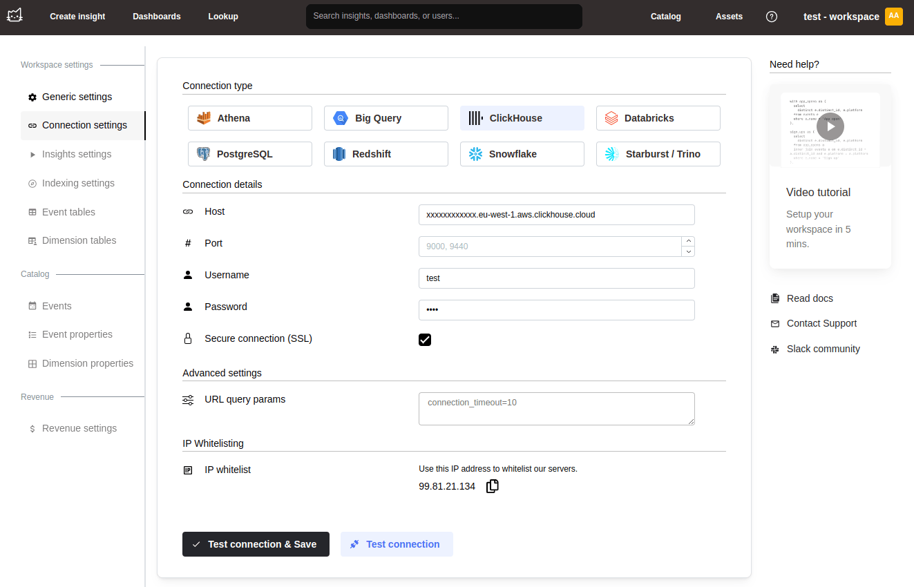 Page de configuration de la connexion Mitzu à ClickHouse avec formulaire de configuration