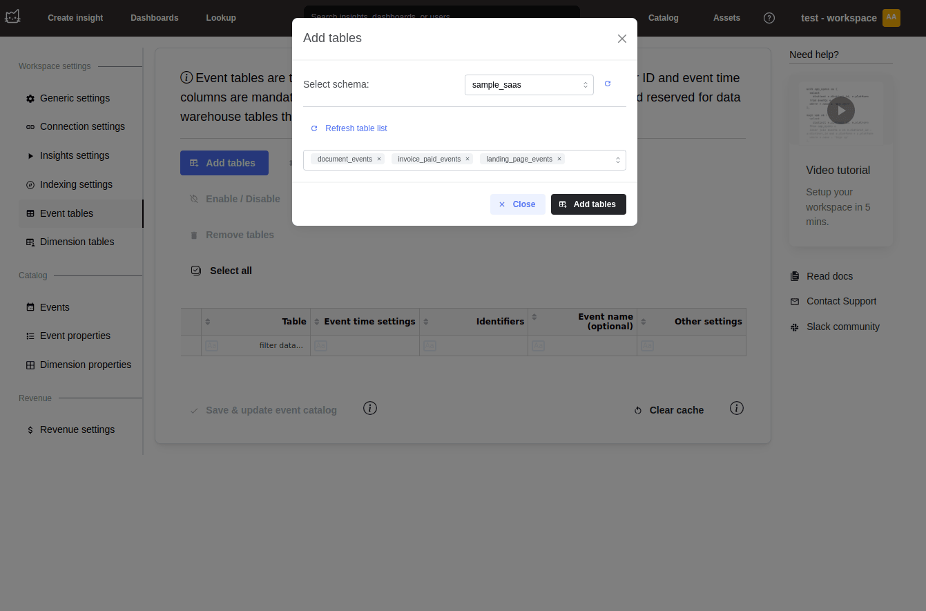 Interface de sélection des tables Mitzu affichant les tables de la base de données