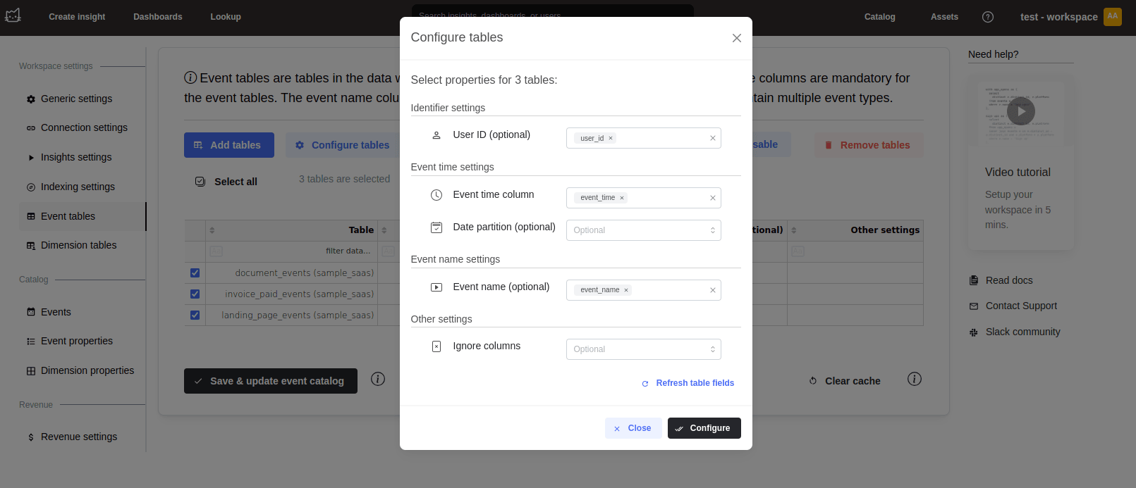 Configuration du catalogue d’événements Mitzu affichant les options de mappage des colonnes