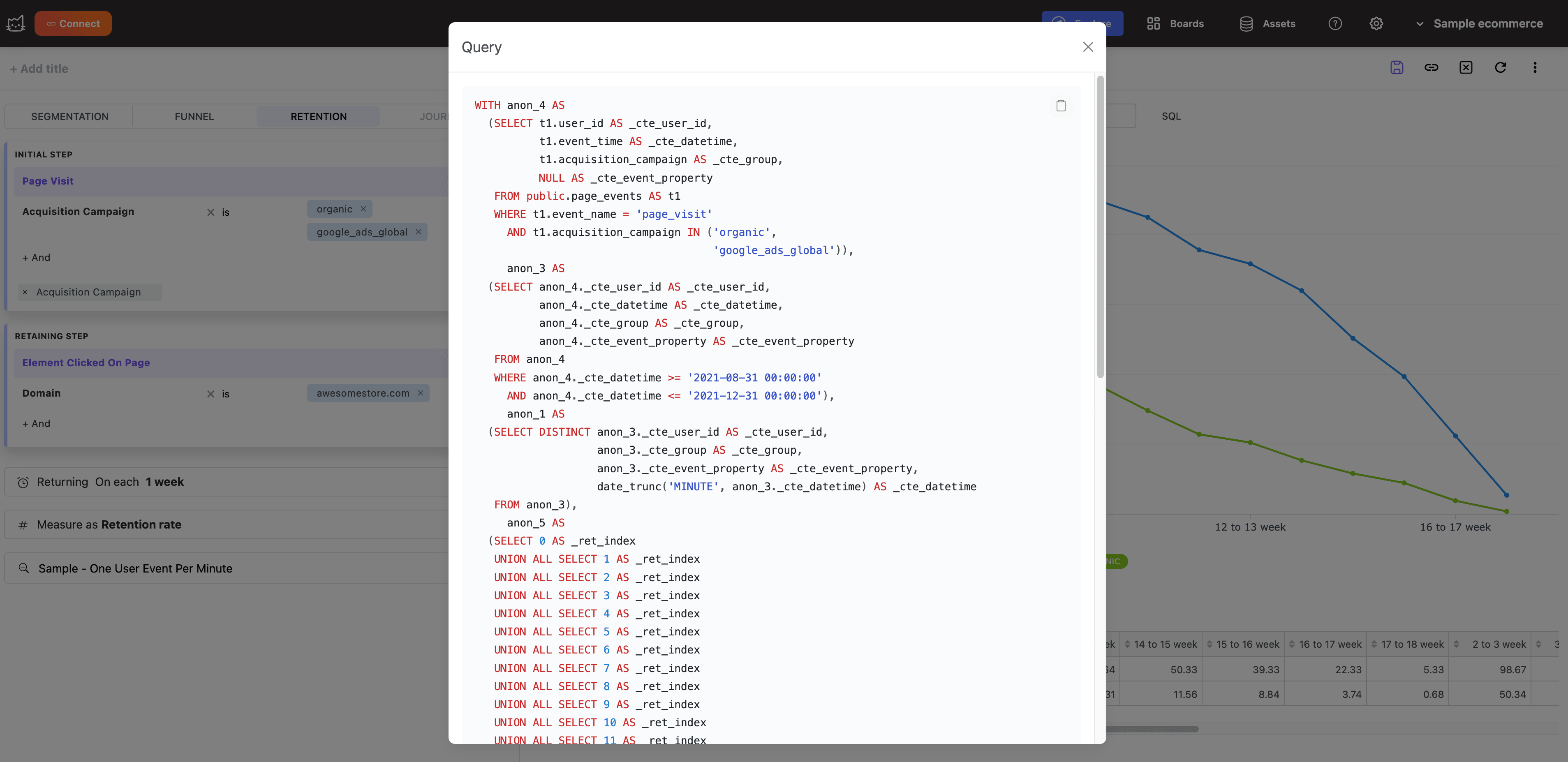Vue de génération de code SQL de Mitzu affichant une requête ClickHouse native