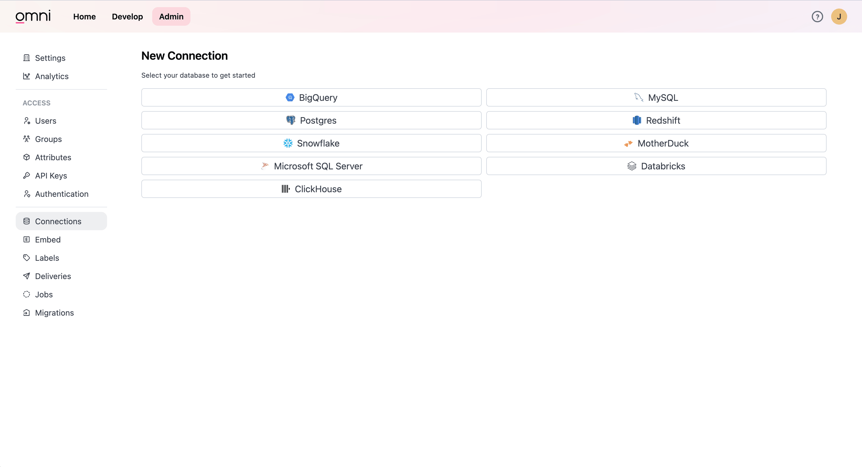 Interface de administração do Omni mostrando o botão Add Connection na seção Connections