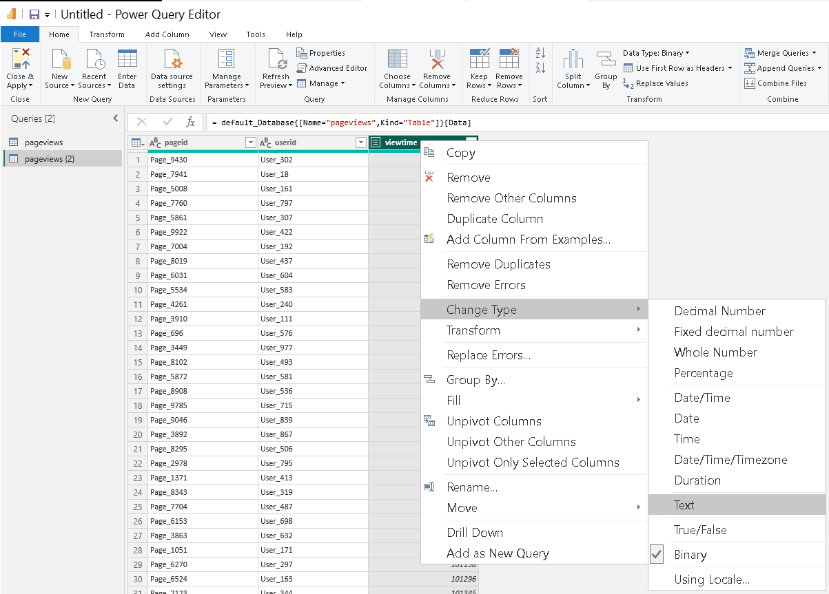 Power Query Editor mostrando a transformação do tipo de dados da coluna UInt64