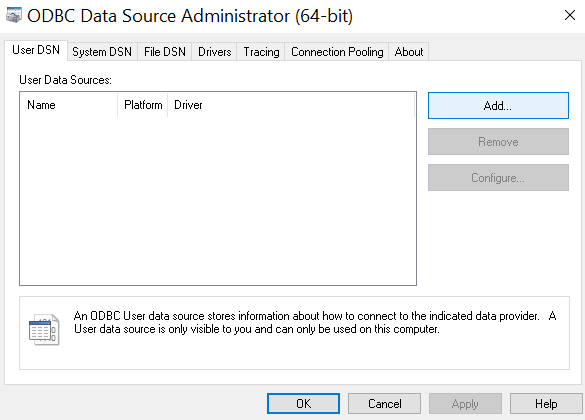 Administrador de fonte de dados ODBC com o botão Add destacado para criar um novo DSN