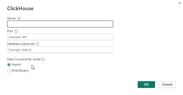 Caixa de diálogo de conexão do ClickHouse mostrando os campos de host, porta, banco de dados e modo de conectividade